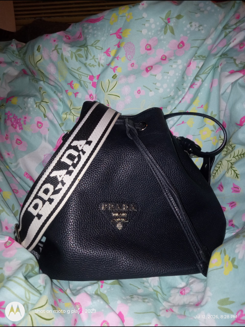 Prada Black Pebbled Leather Bucket Bag with Logo Strap